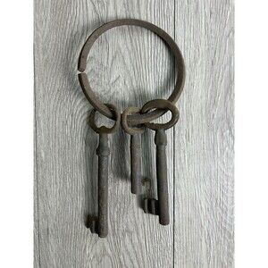 Vintage Cast Iron Skeleton Keys (3) On Key Ring For Prop or Display
